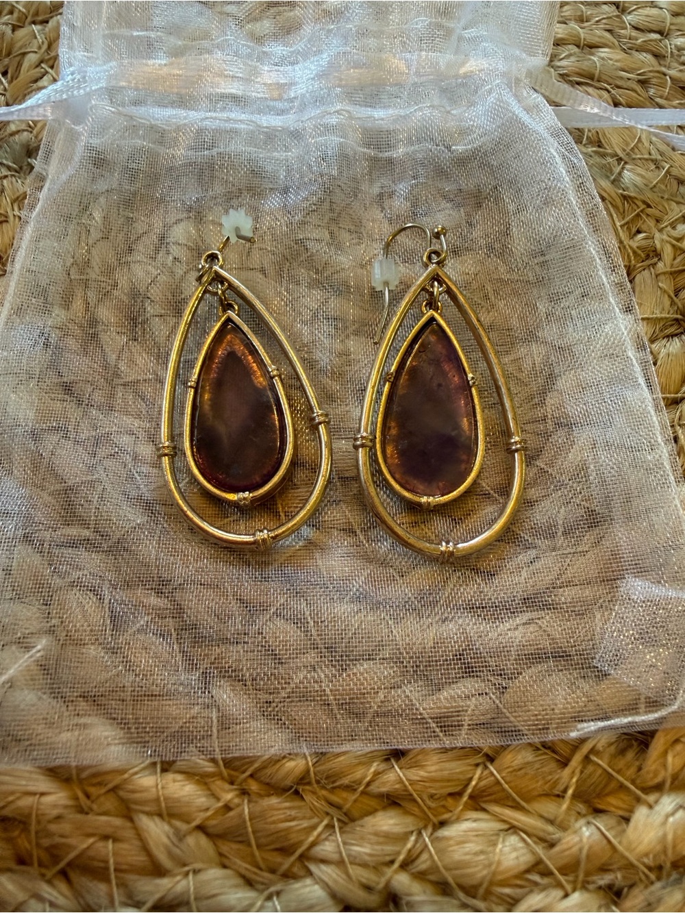 Gold Tone  Teardrop Earrings with amethyst stones in the center